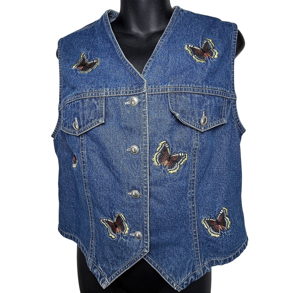 Stonebridge Jean Vest Vintage Embroidered Butterflies Western Y2K Boho‎ Cotton M